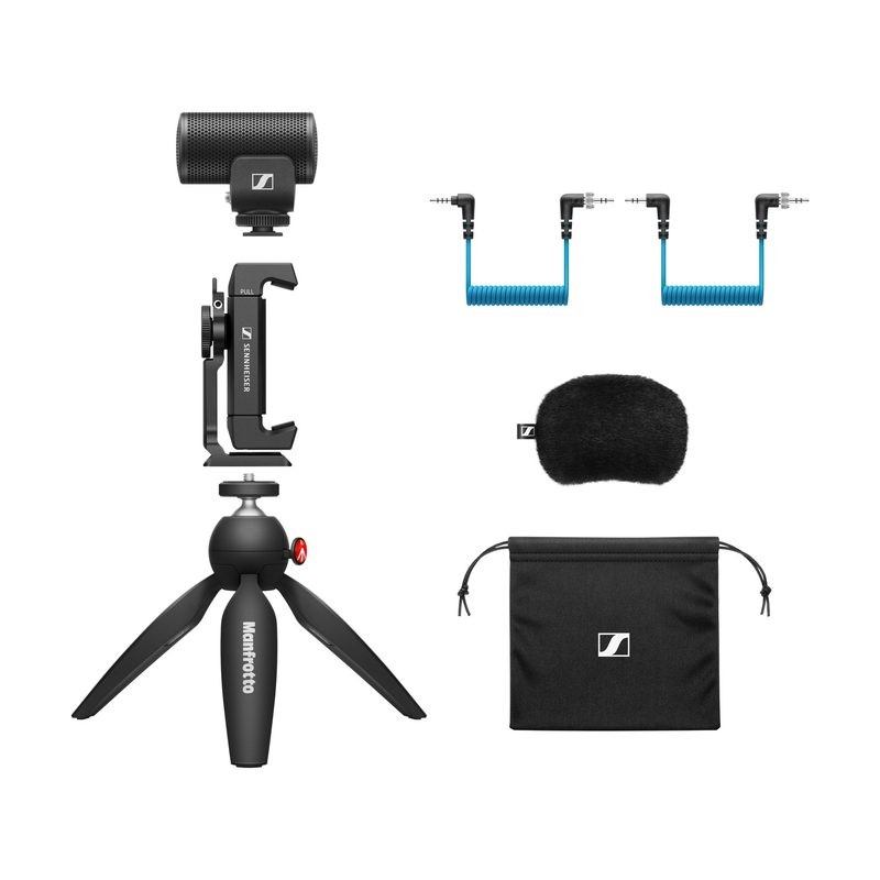 Mikrofon, Smartphone-Klemme, Stativ und Zubehör des Sennheiser MKE 200 Mobile Kit