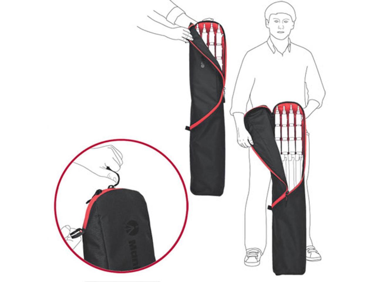 Geöffnete Manfrotto MB LBAG90 mit vier kompakten Stativen