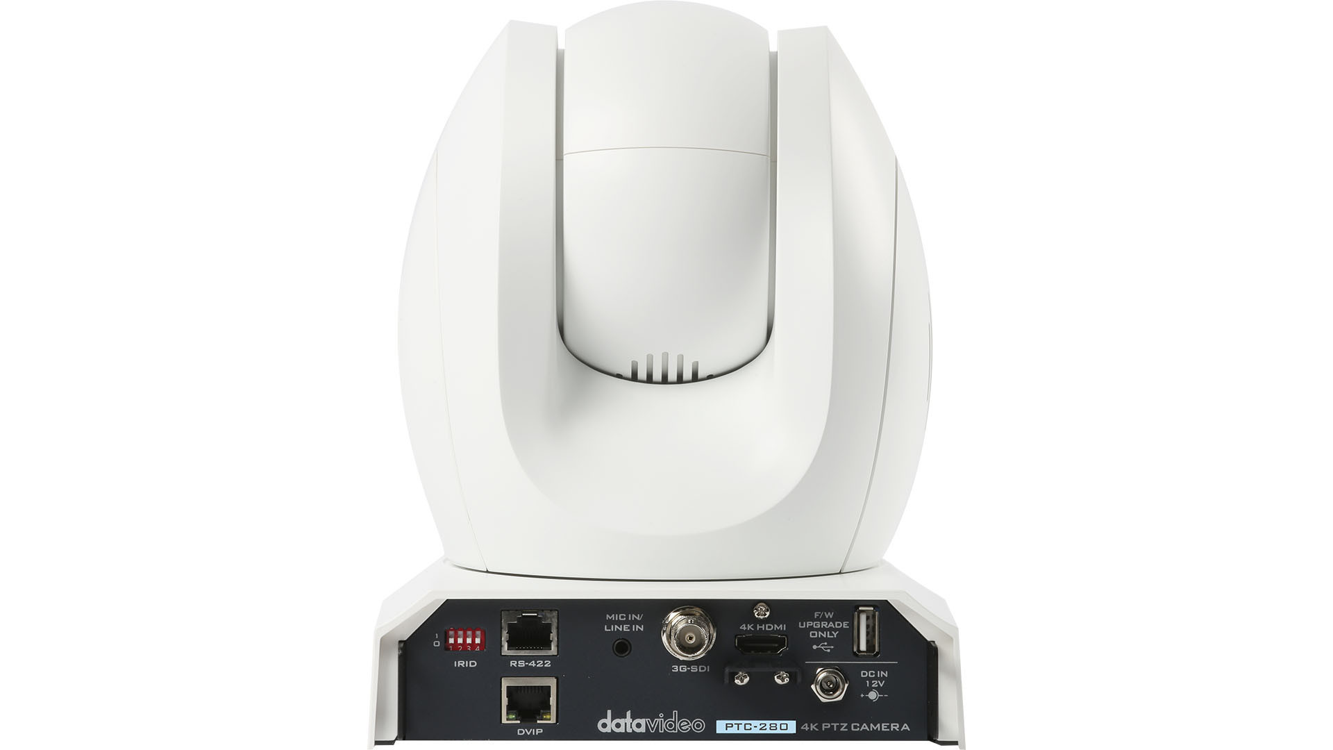 Rückseite der Datavideo PTC-280W mit 3G-SDI-, HDMI-, DVIP-, RS-422- und Stromanschlüssen