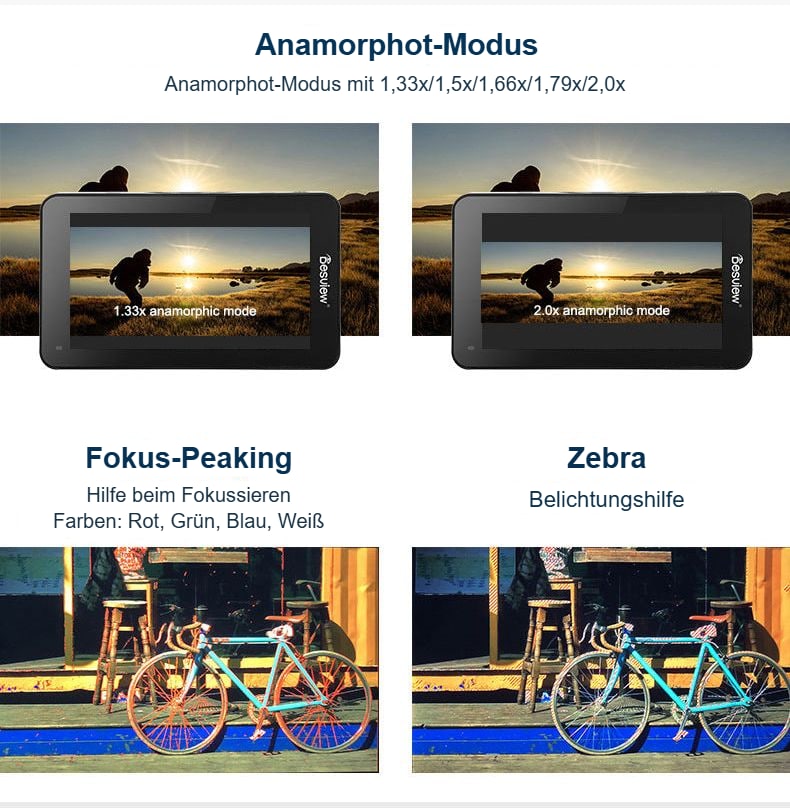 Anamorphot-Modus, Fokus-Peaking und Zebra