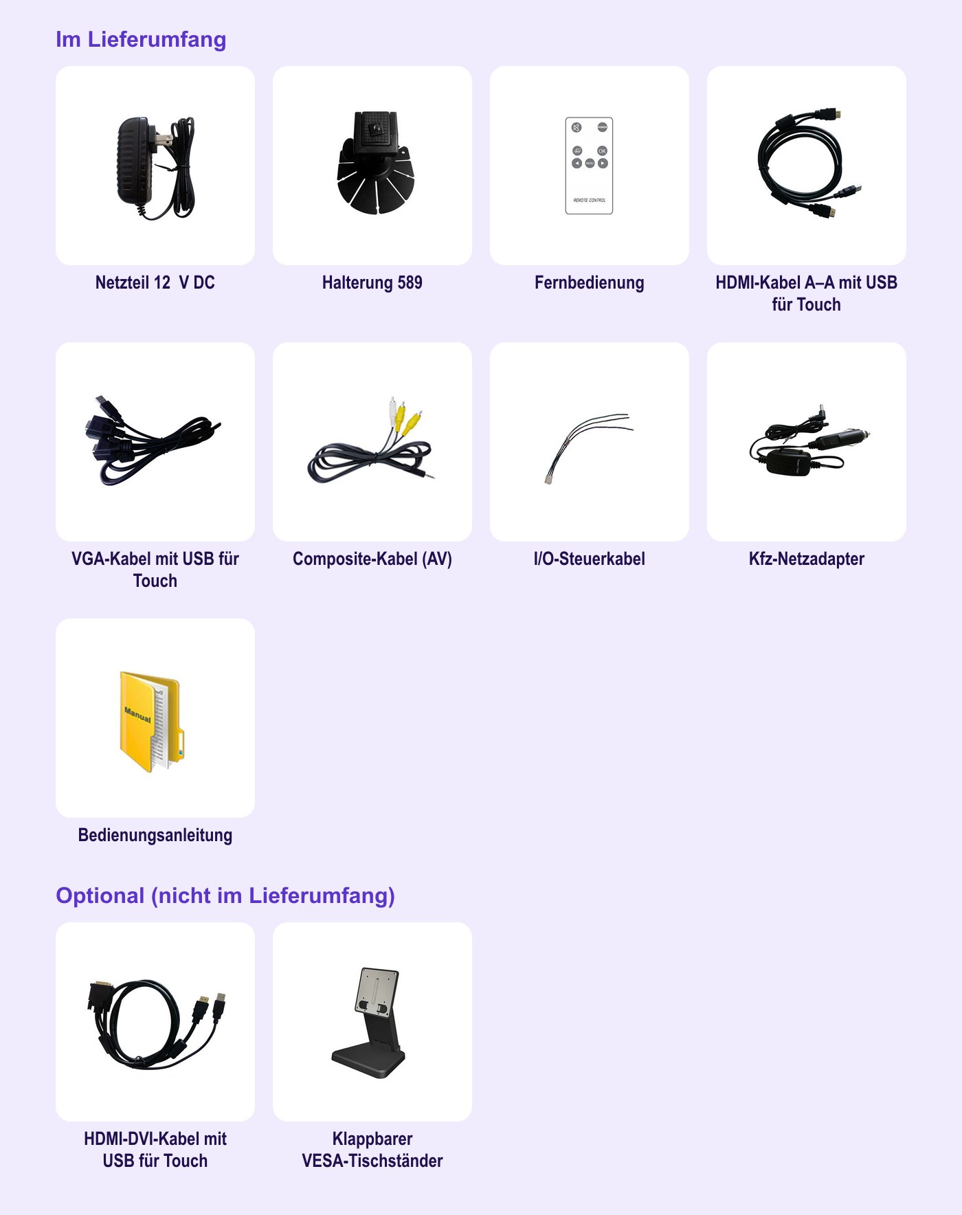 Lilliput 779GL-70NP/C/T – Lieferumfang und optionales Zubehör