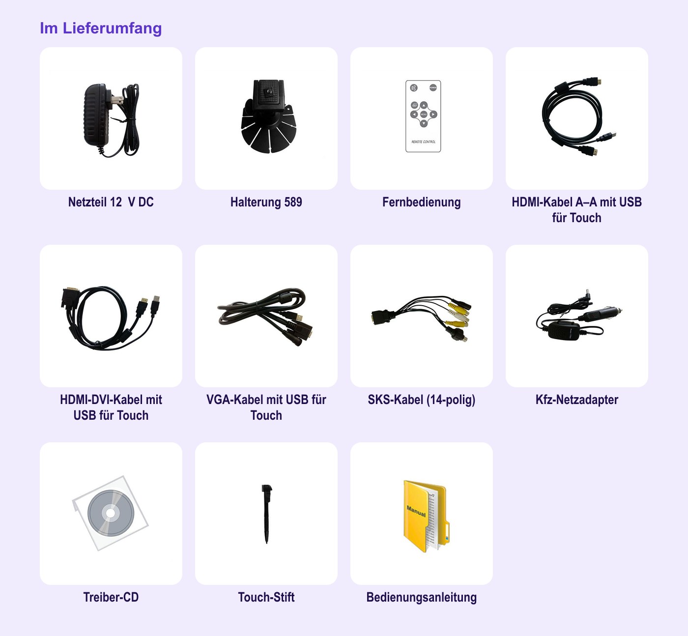 Lilliput 869GL-80NP/C/T – Lieferumfang und optionales Zubehör