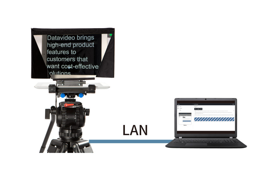 Datavideo TP-500 Teleprompter mit Laptop zur Skriptsteuerung im lokalen Netzwerk