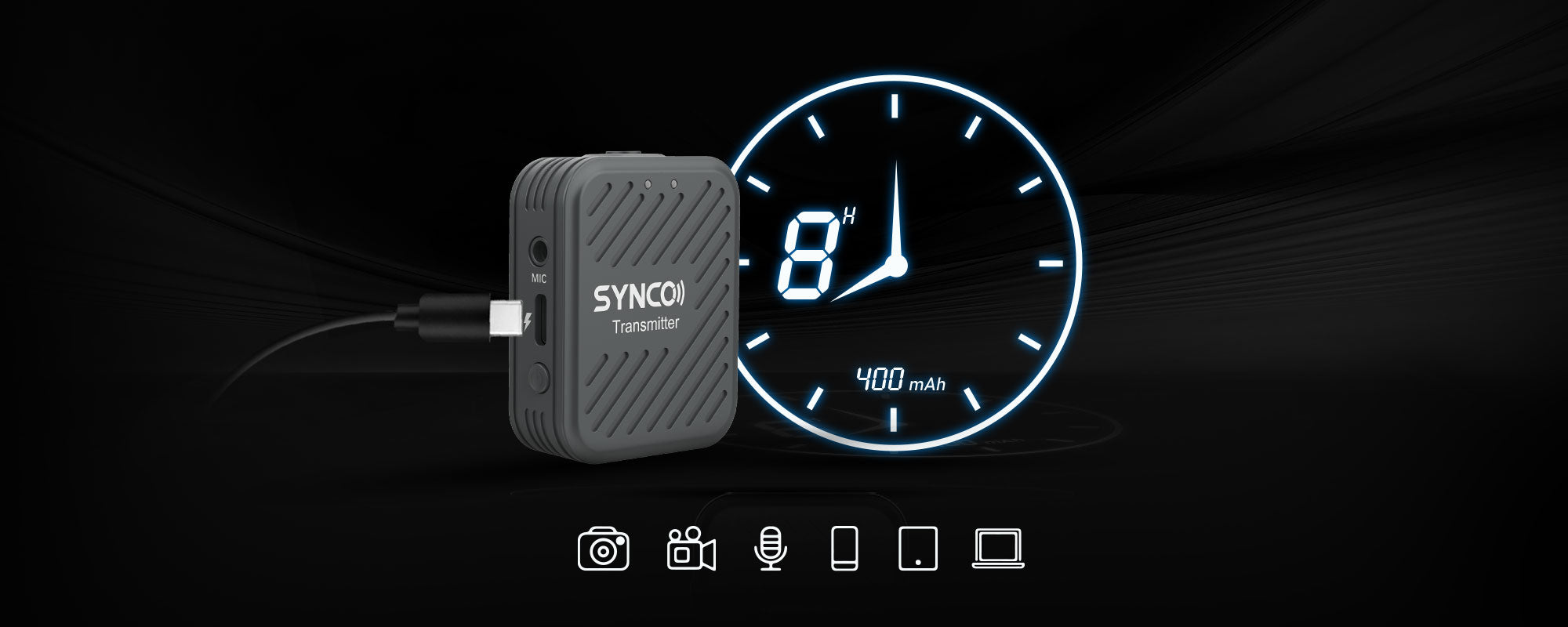 SYNCO G1(A2) is wireless stereo microphone for camcorder, cameras and mobile devices. It supports recording of 8 hours with 400mAh battery.