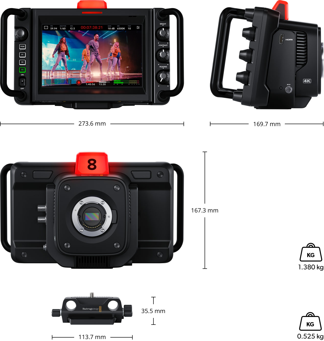 Abmessungen der Blackmagic Studio Camera 4K Plus G2