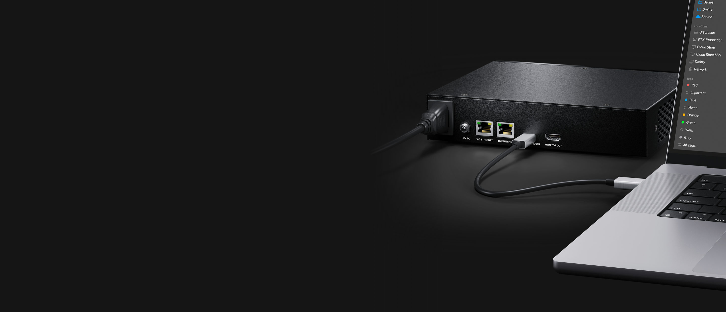Rückseite des Blackmagic Cloud Store Mini 16TB mit 10G Ethernet, USB-C und HDMI