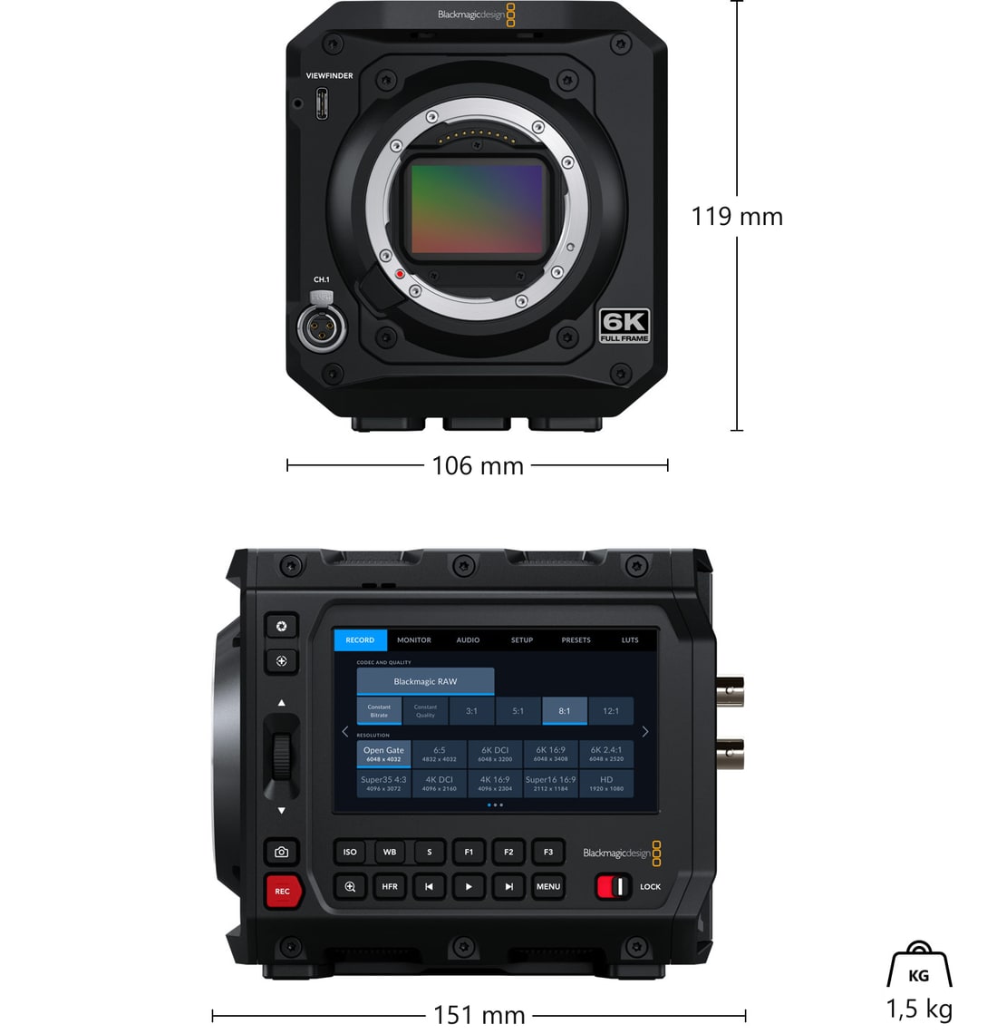 Blackmagic PYXIS 6K (L-Mount) – Abmessungen und Gewicht