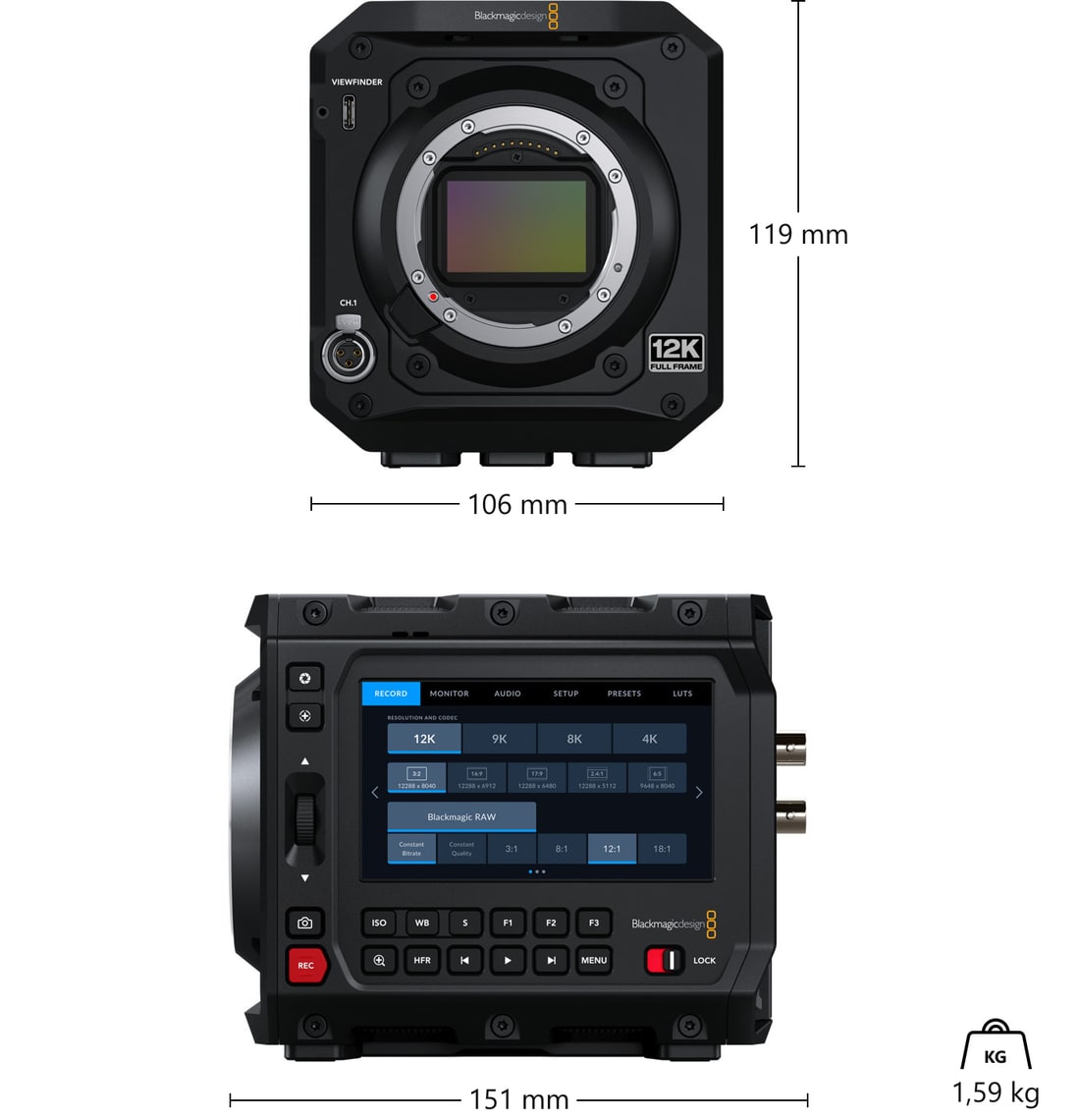 Blackmagic PYXIS 12K (L-Mount) – Abmessungen und Gewicht
