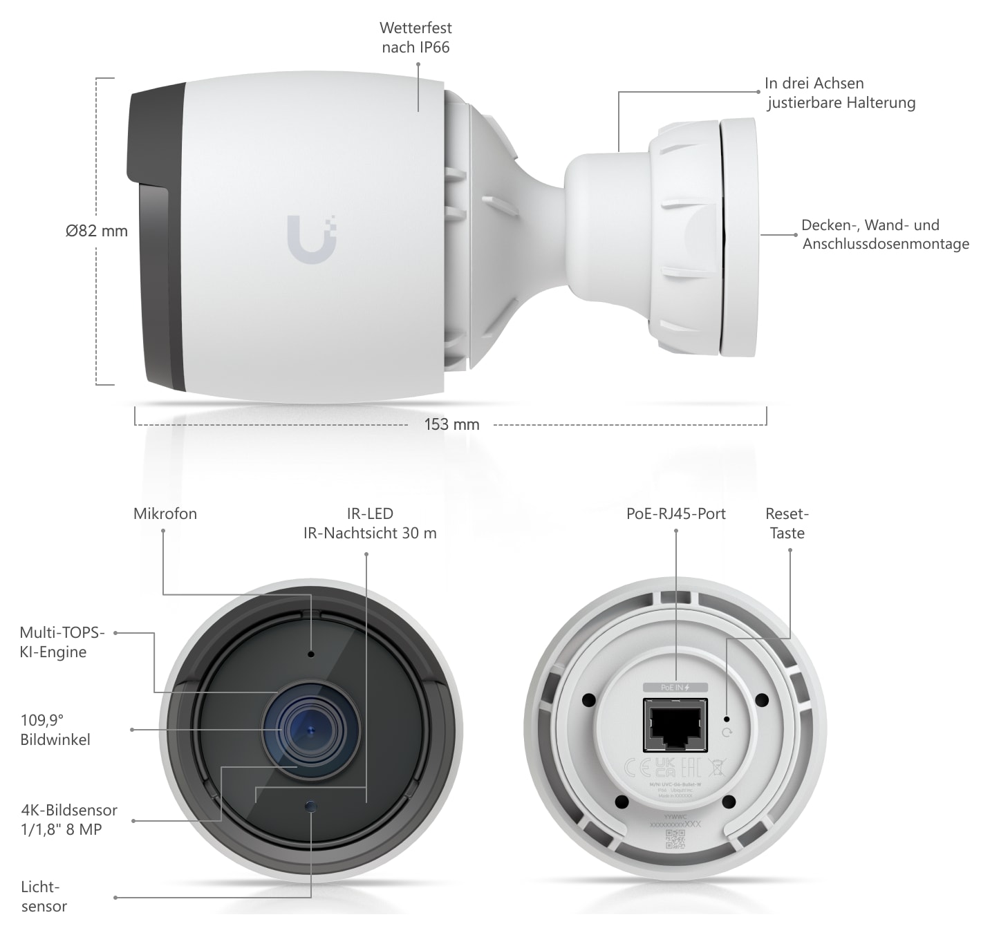 Ubiquiti UniFi Protect G6 Bullet, weiß – Die Kamera im Überblick und Abmessungen