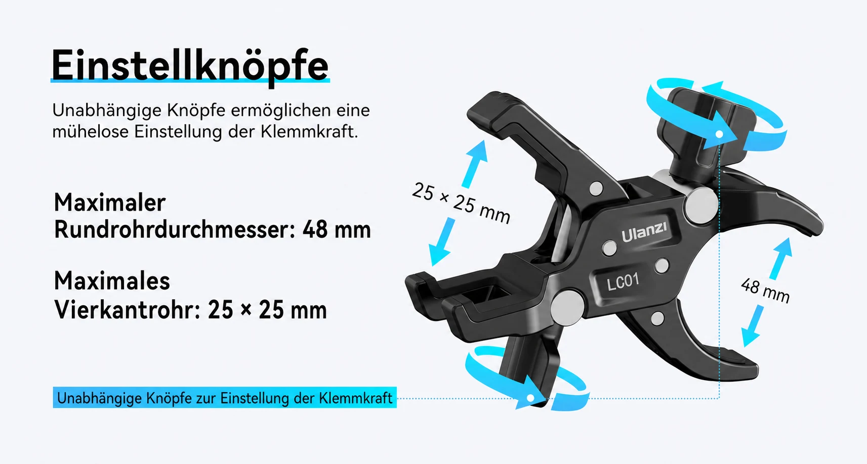 Česká infografika rozsahu a nastavení svorky Ulanzi LC01