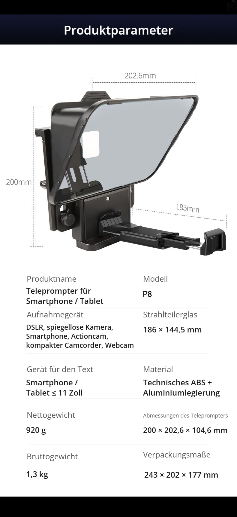 Abmessungen und Parameter