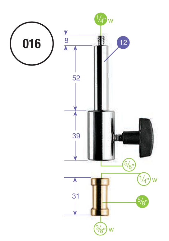 Bemaßte Herstellerzeichnung des Manfrotto 016 und des Einsatzes 119