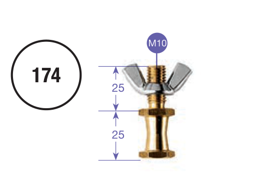 Zeichnung des Manfrotto 174 mit M10 und zwei 25-mm-Maßen