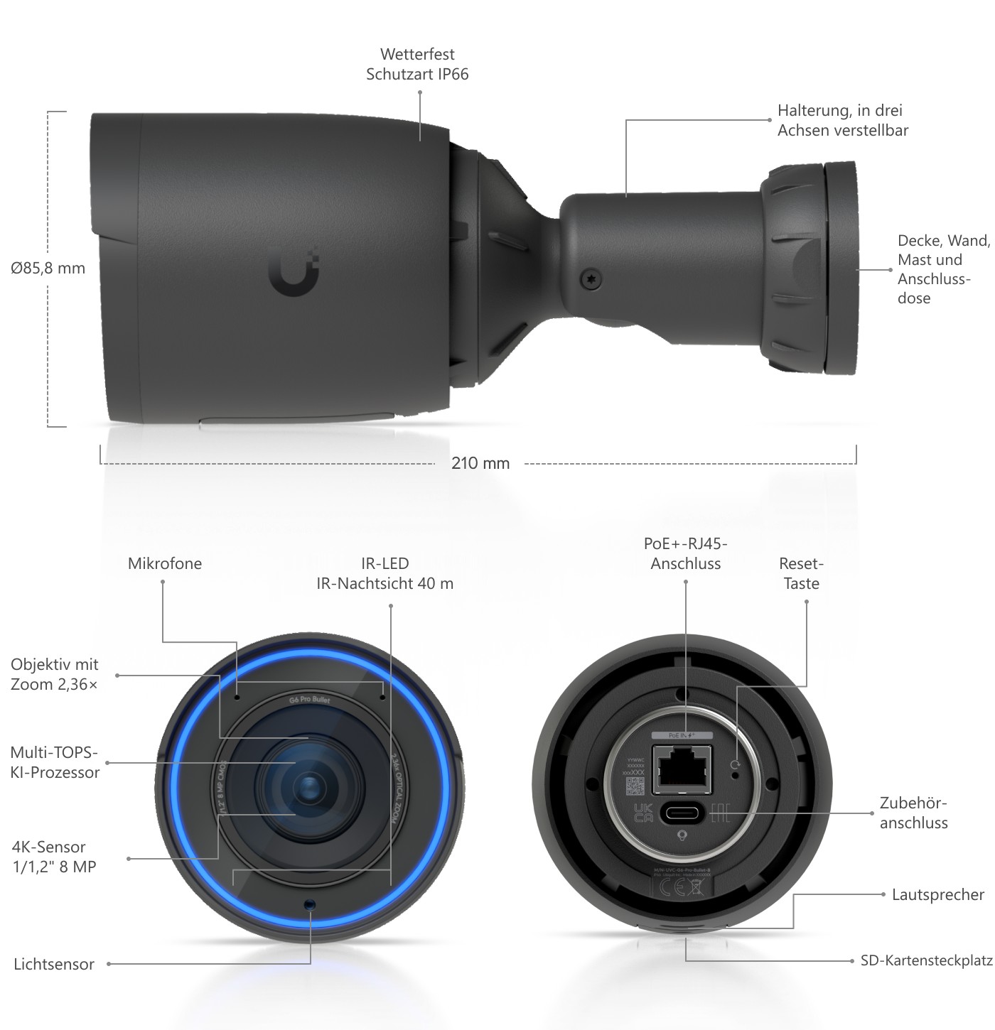 Ubiquiti UniFi Protect G6 Pro Bullet, schwarz – Aufbau und Abmessungen der Kamera