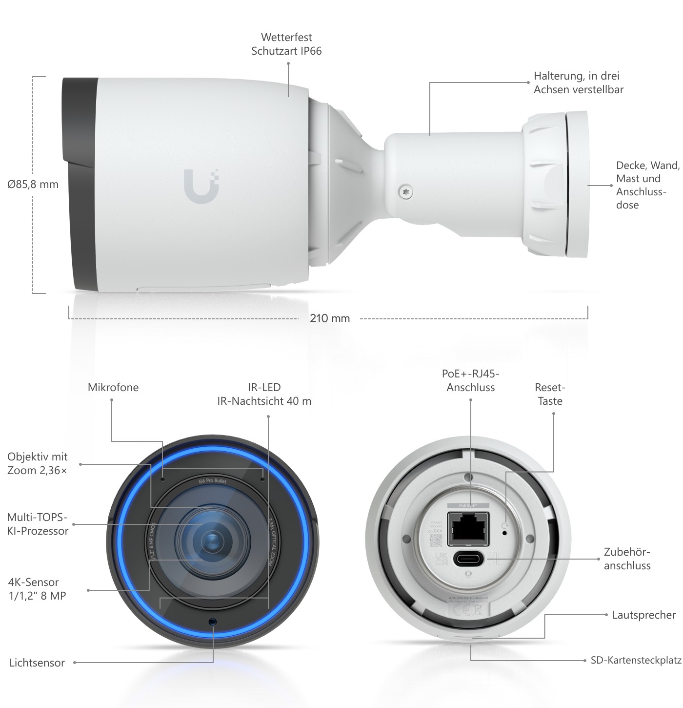 Ubiquiti UniFi Protect G6 Pro Bullet, weiß – Aufbau und Abmessungen der Kamera
