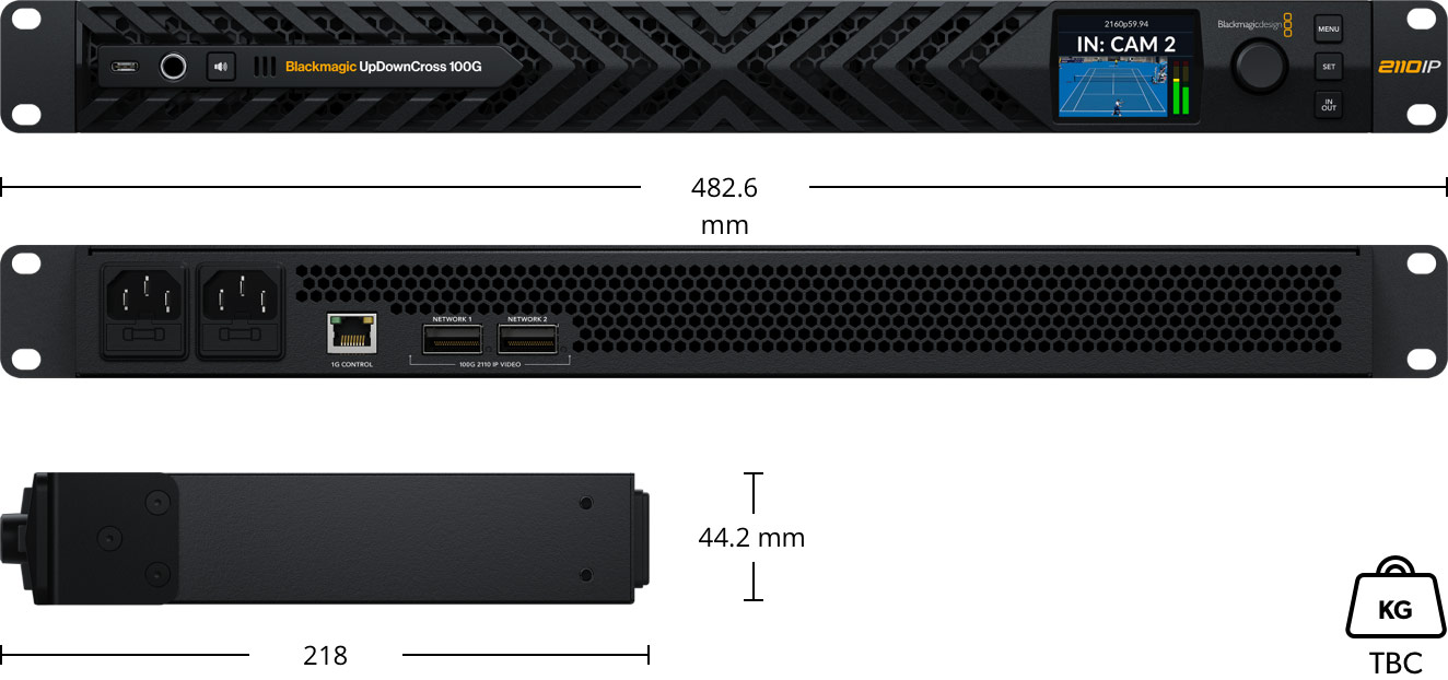 Abmessungen und 1-HE-Bauform des Blackmagic UpDownCross 100G