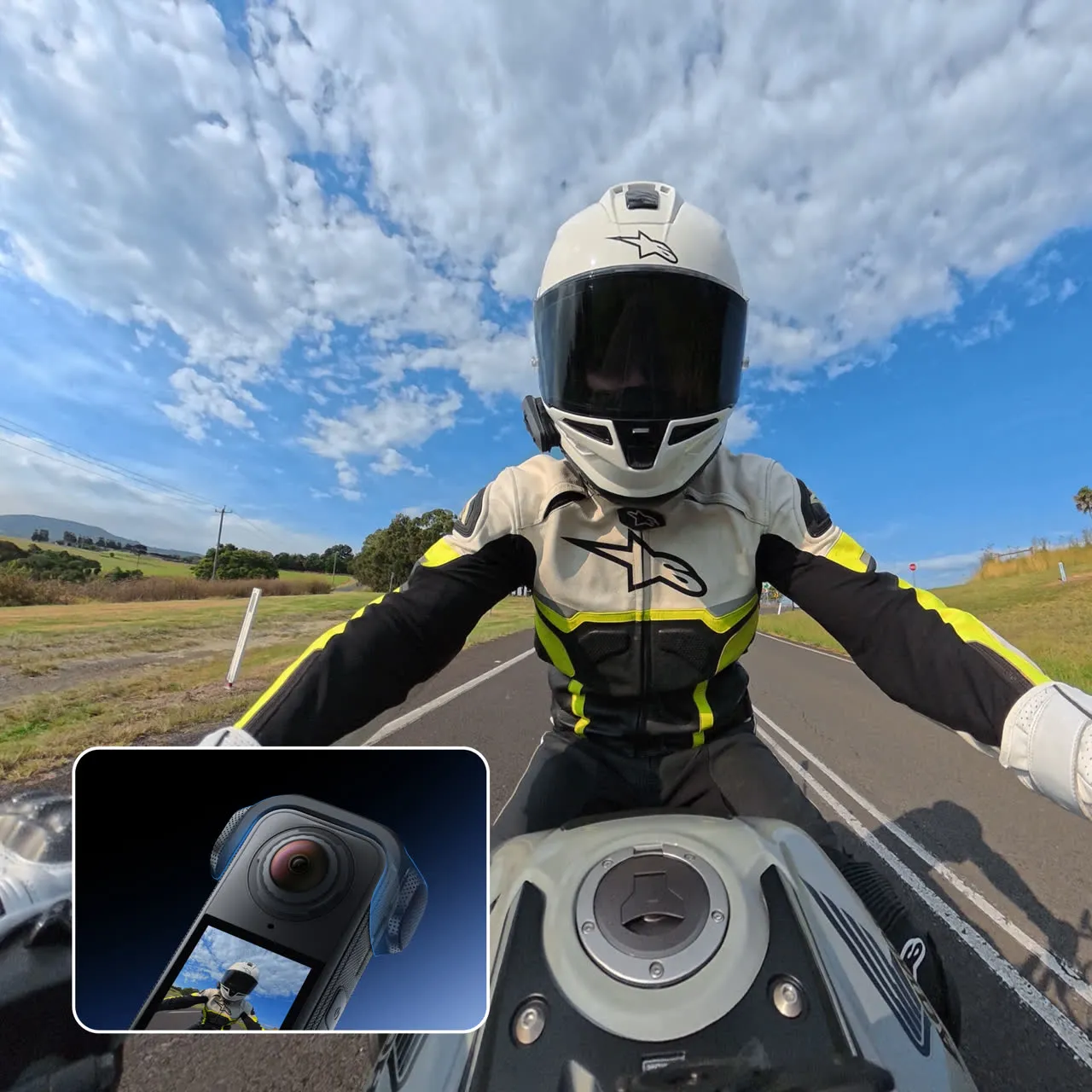 Offizielles Insta360-Foto der X4 Air beim Motorradfahren