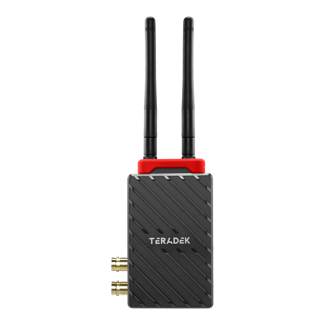 Das originale rote Band ist am Teradek Bolt 6 LT TX-Sender montiert dargestellt (Sender nicht im Lieferumfang).