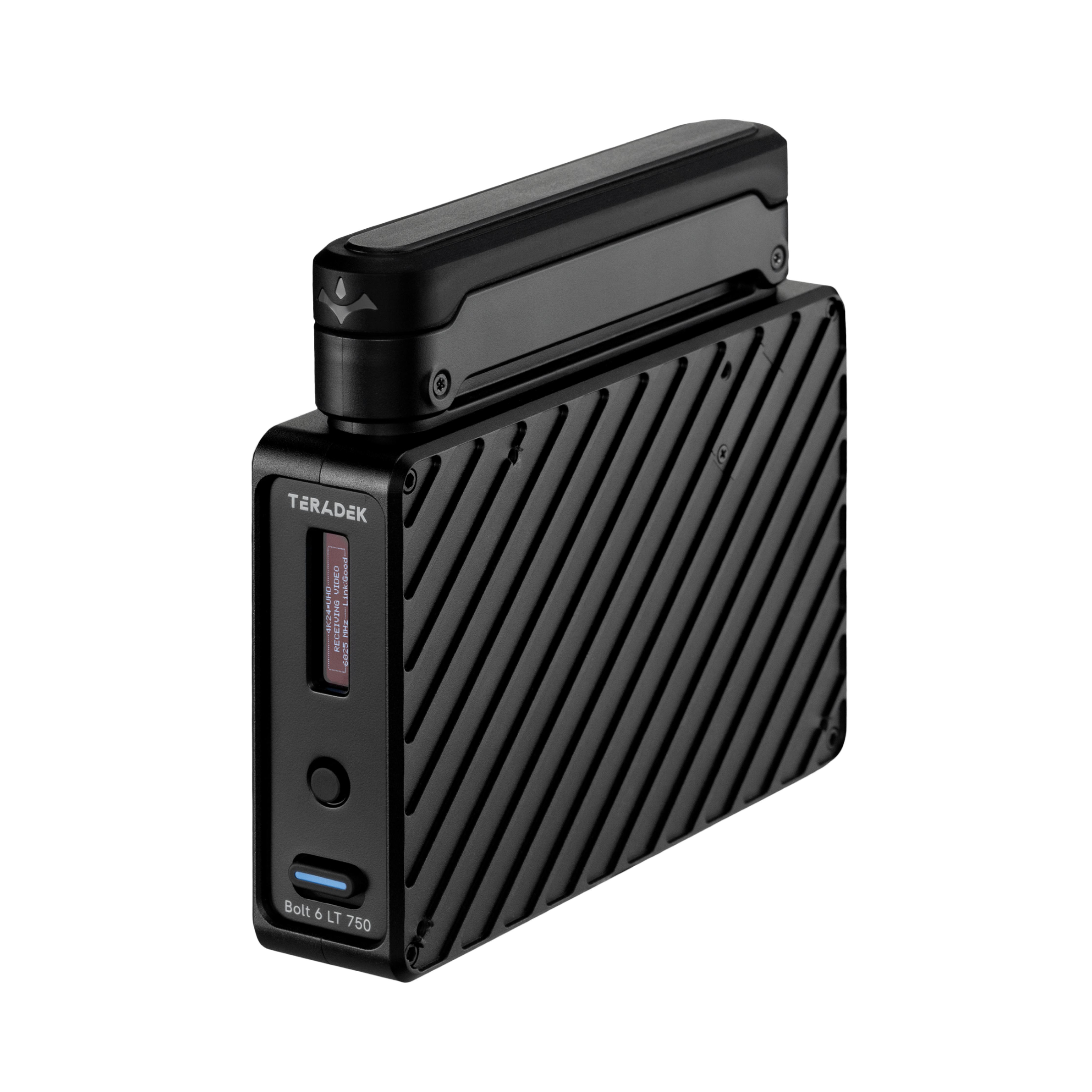 Offizielle Dreiviertel-Frontansicht des Teradek Bolt 6 LT 750 RX mit internen Antennen