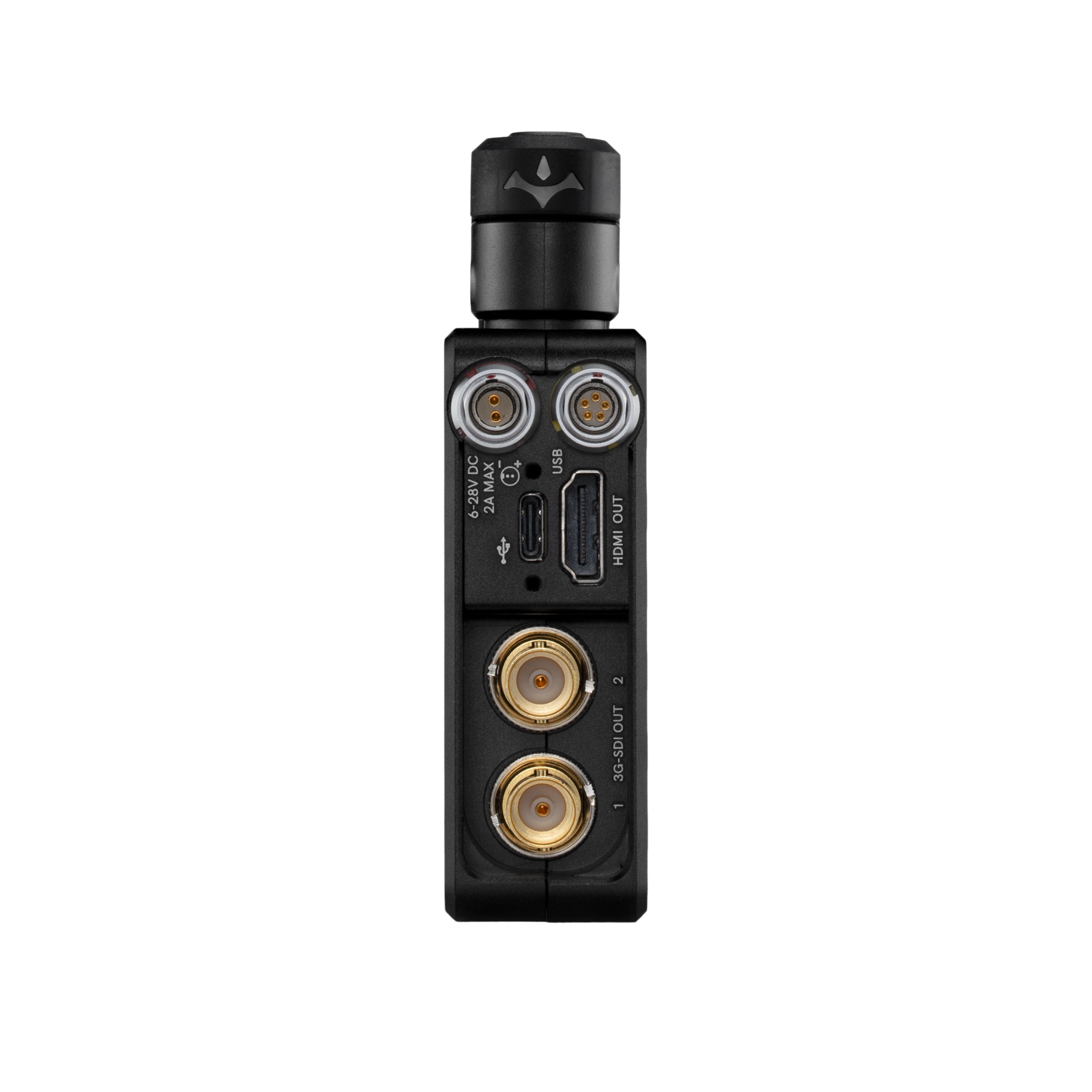 Seitenanschlüsse des Teradek Bolt 6 LT 750 RX: zwei 3G-SDI-OUT-Buchsen, HDMI OUT, USB und 6–28-V-DC-Stromversorgung