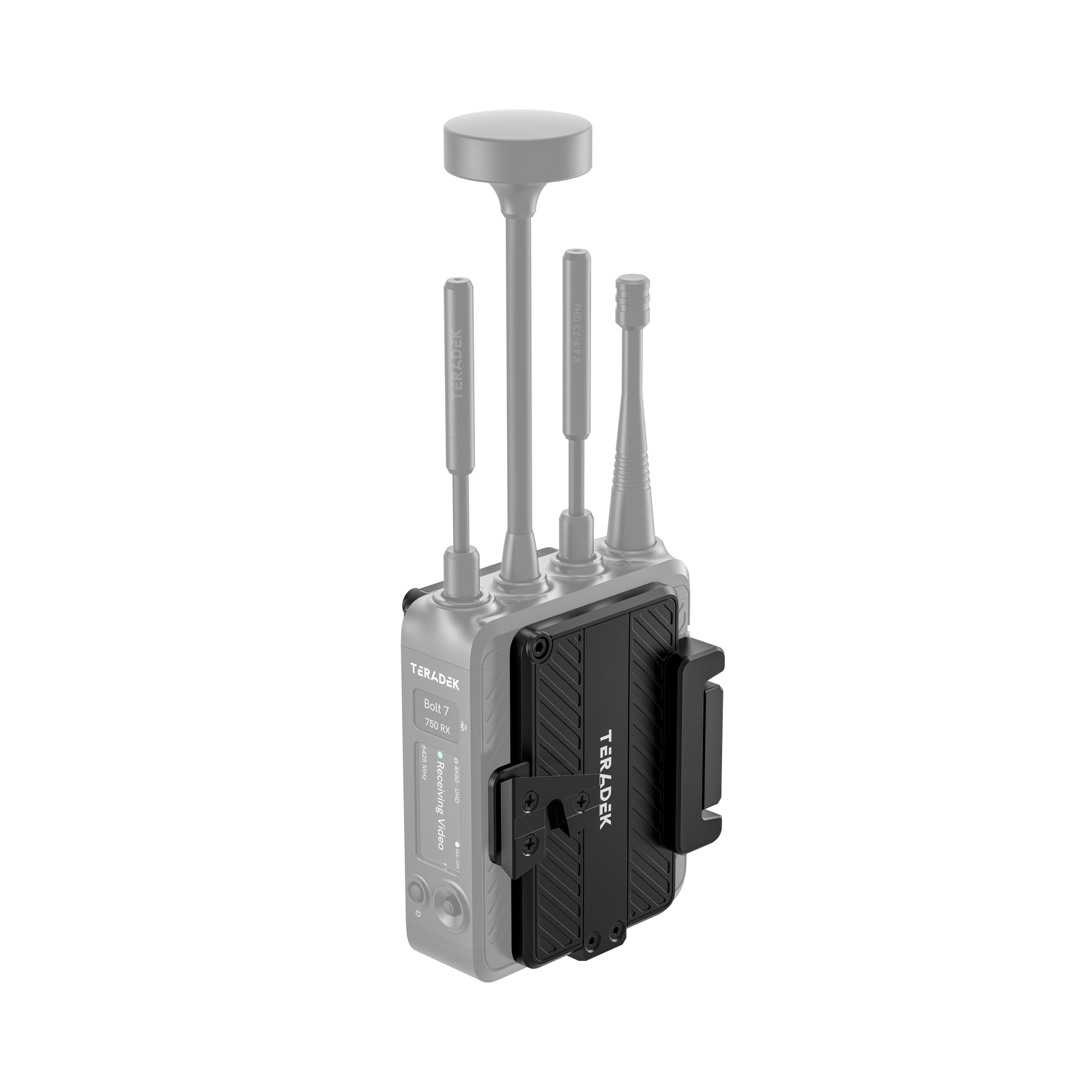 V-Mount Battery Cradle an einem Teradek Bolt 7 Empfänger