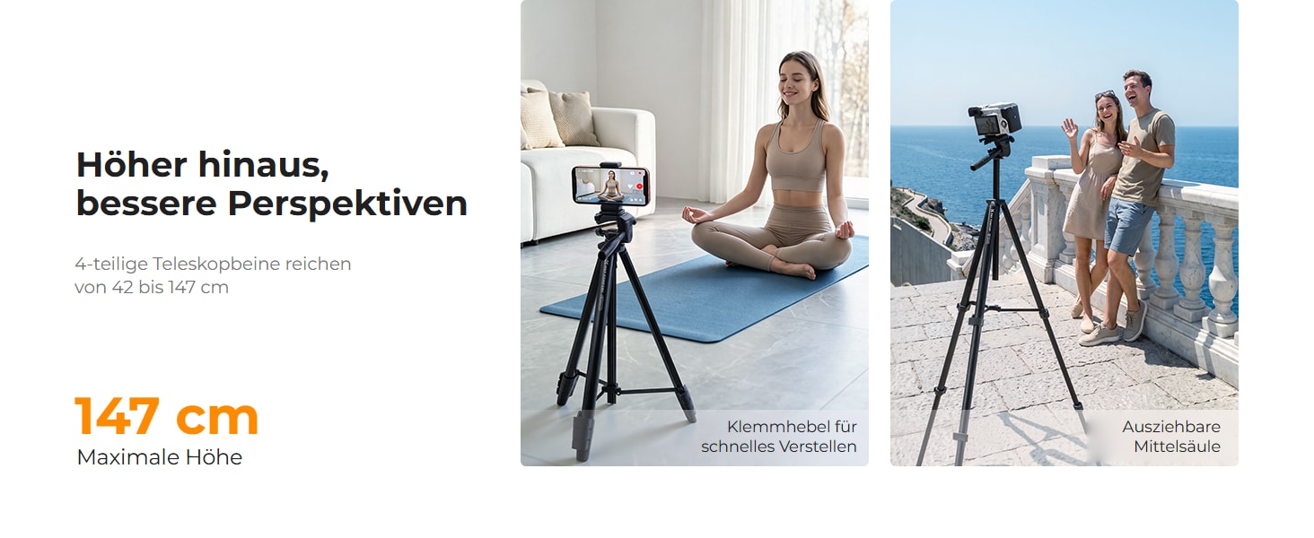 K&F Concept S204A1 – Aluminium-Reisestativ 147 cm mit 3-Wege-Neiger