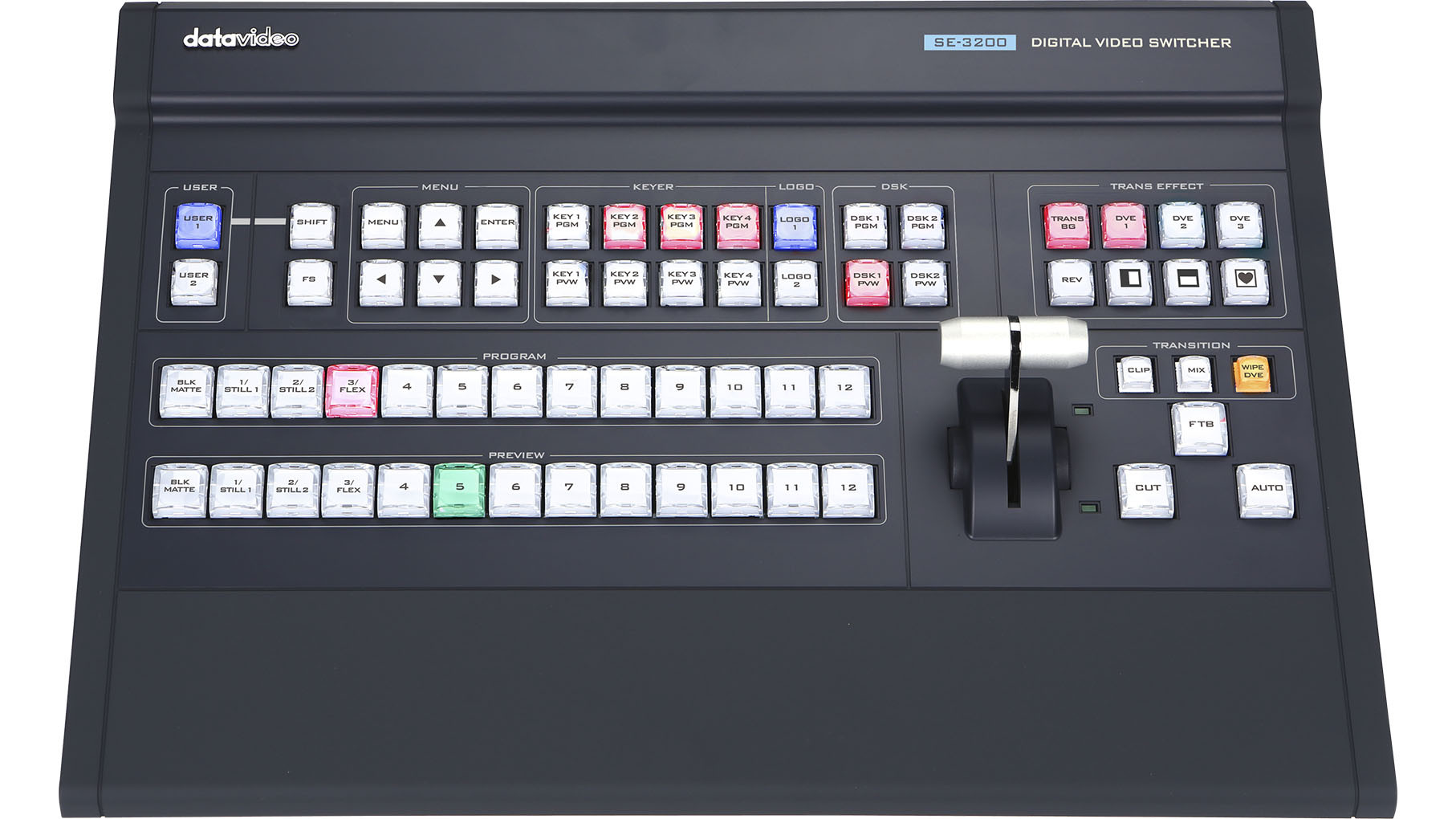 Datavideo SE-3200 Bedienpult mit Program/Preview-Tasten, Keyern und T-Bar