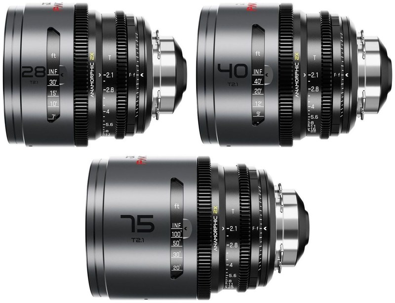 DZOFILM Pavo Set 28/40/75 mm anamorphotisch 2× – Neutral, PL/EF, Fuß-Skala