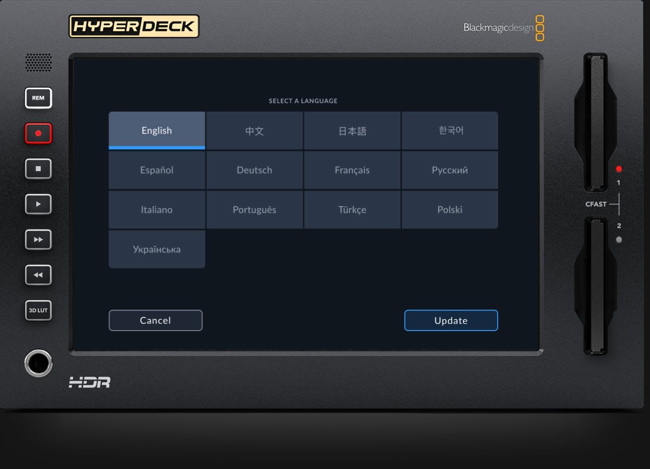 HyperDeck Extreme 8K HDR – Menüs in 13 Sprachen