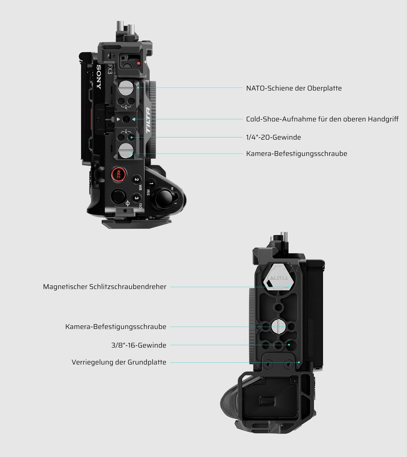 Oberplatte und Grundplatten-Adapter aus der Nähe