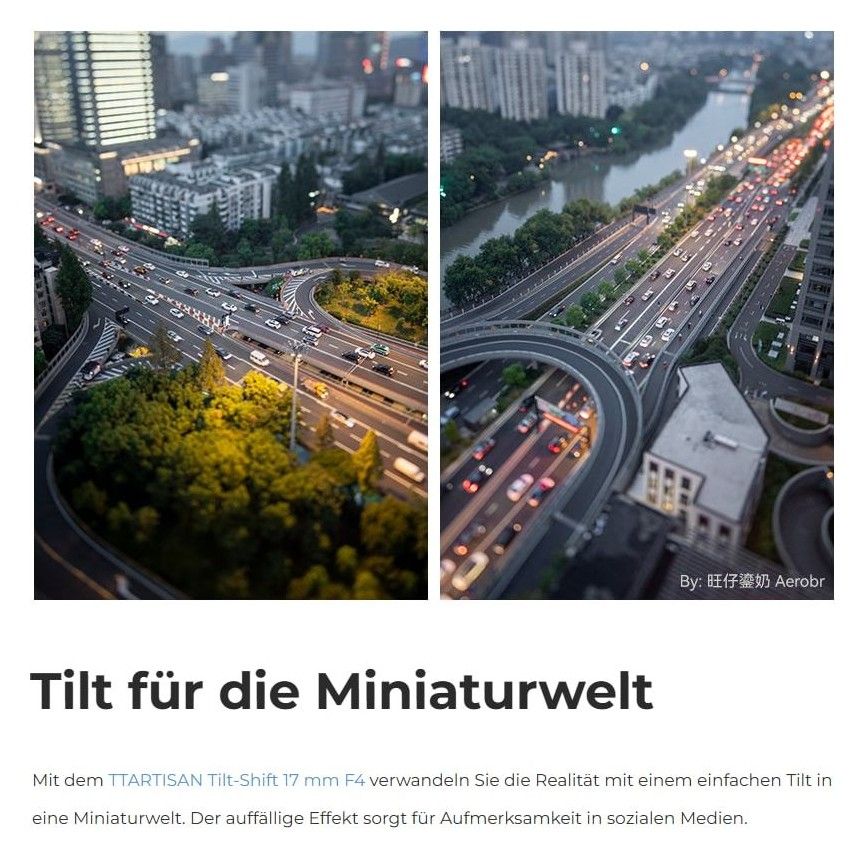 TTArtisan Tilt-Shift 17mm F4 – Neigung ±8° und Miniatureffekt