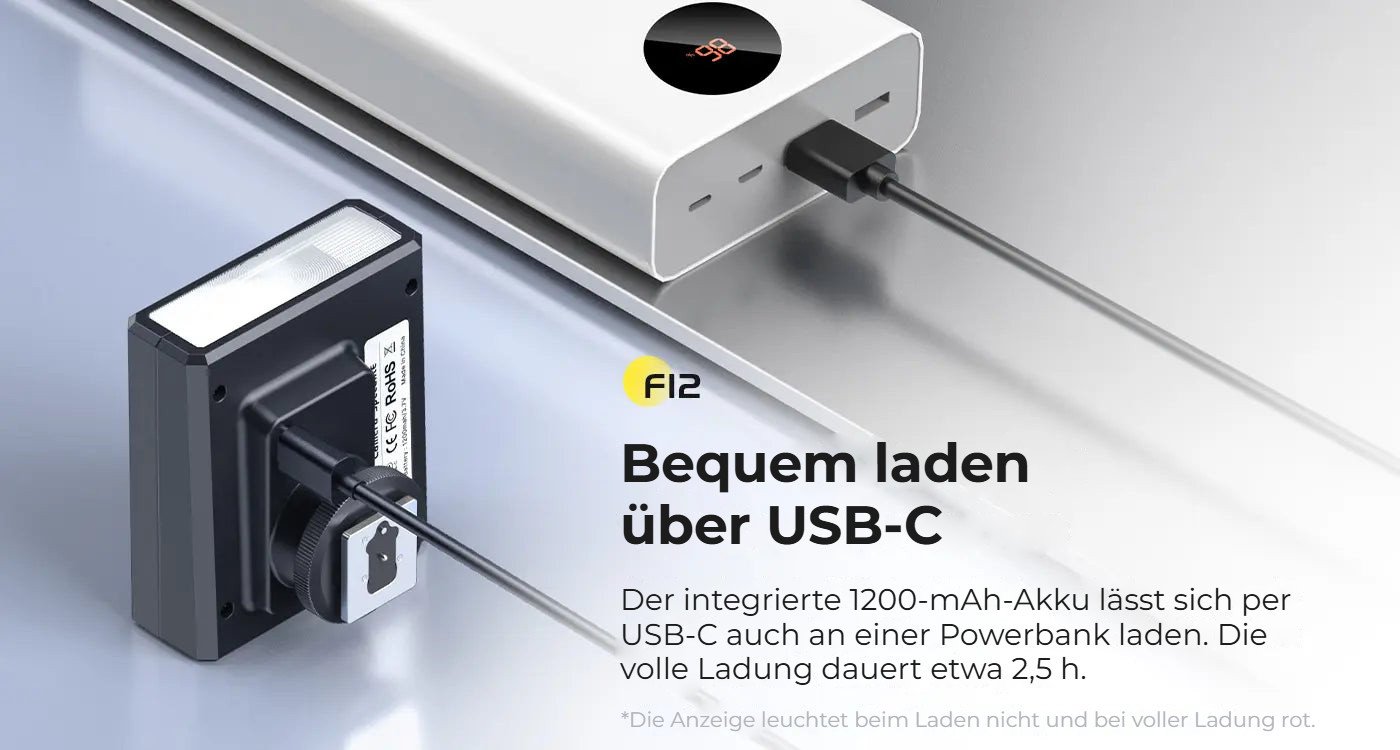 Ulanzi F12 V2 mini blesk – Nabíjení přes USB-C
