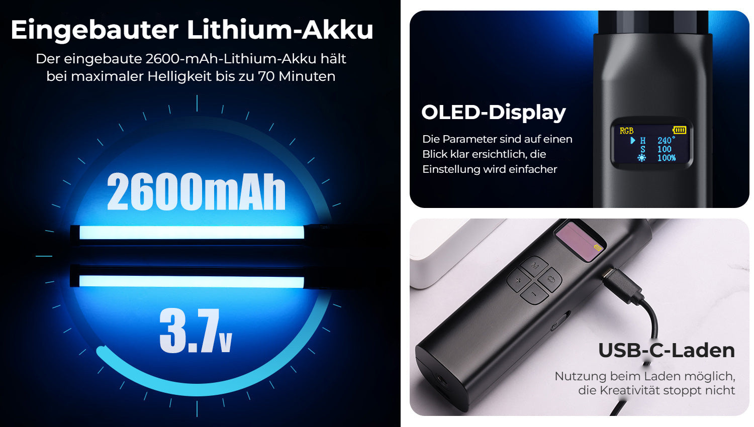 Ulanzi VL119 ruční RGB LED tyč – Baterie, displej a USB-C