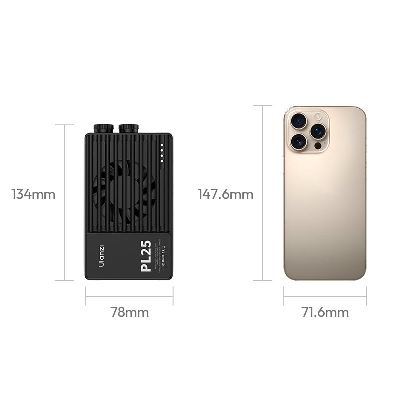 Ulanzi PL25 LED světlo – Rozměry v porovnání s telefonem