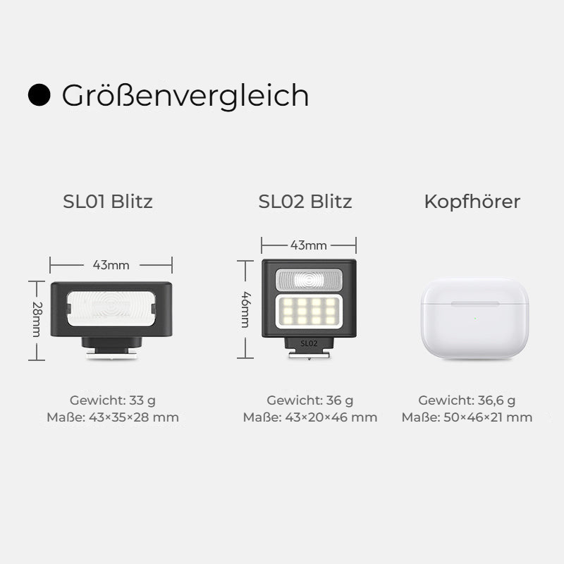 Ulanzi SL02 Spark Lite Camera Flash Light – Porovnání velikosti
