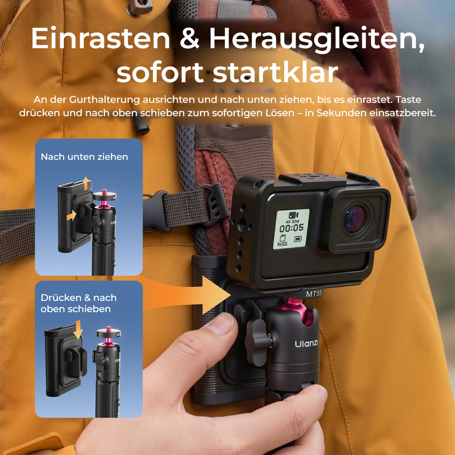 Ulanzi MT55 SnapGo ministativ a selfie tyč s uchycením 1/4″ – Zacvaknout na popruh a vysunout
