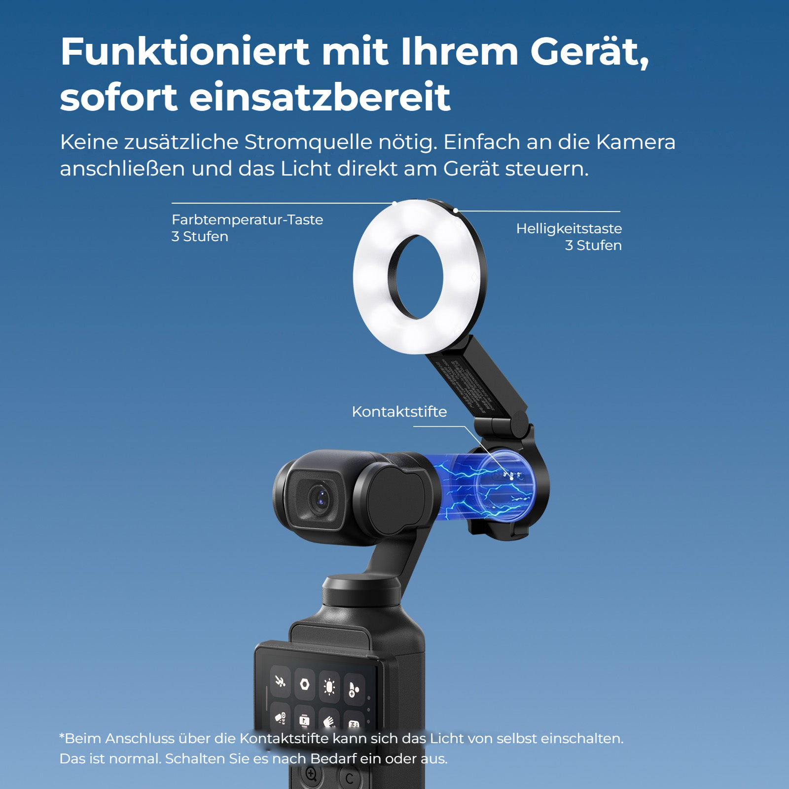 Ulanzi LM004 kruhové přisvětlení pro DJI Osmo Pocket 4 – Napájení a ovládání z kamery