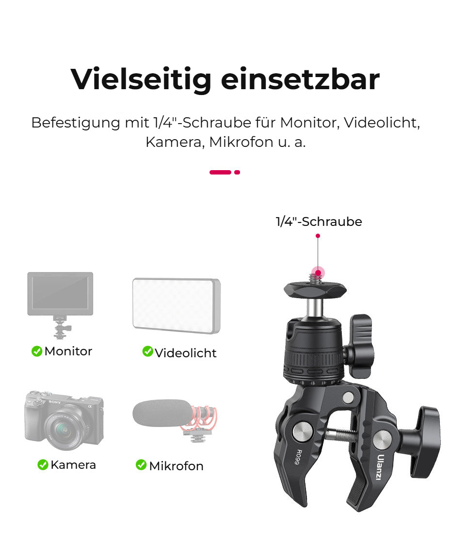 Ulanzi R099 svorka s mini kulovou hlavou – Šroub 1/4″ pro monitor, světlo i mikrofon
