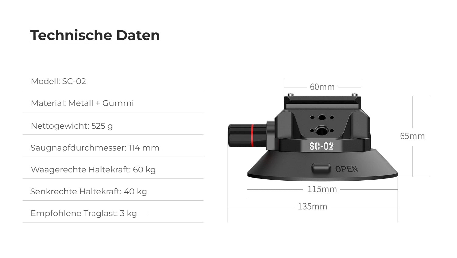 Ulanzi SC-02 vakuová přísavka 114 mm – Parametry