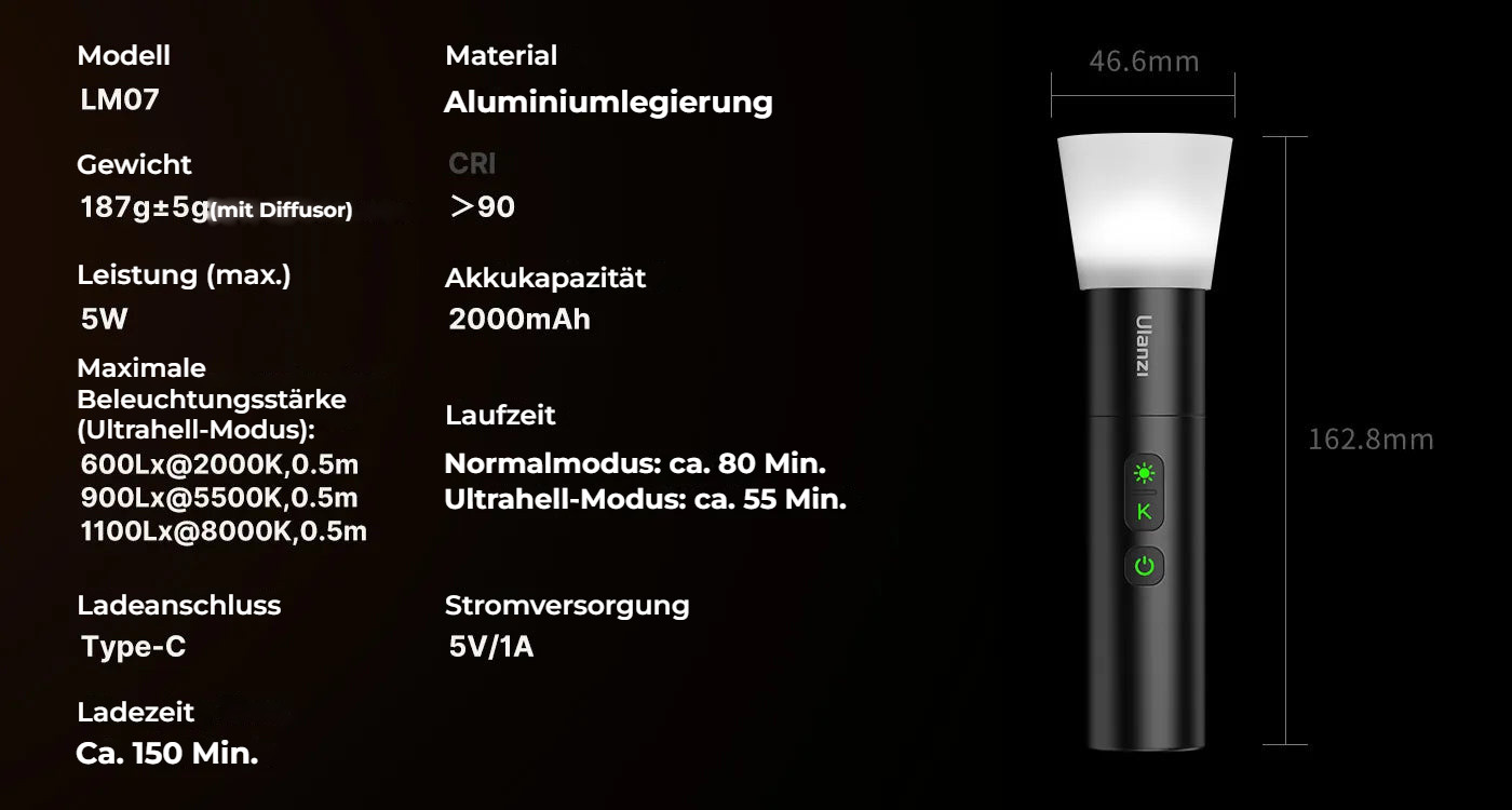 Ulanzi LM07 Videography Flashlight – Technické údaje